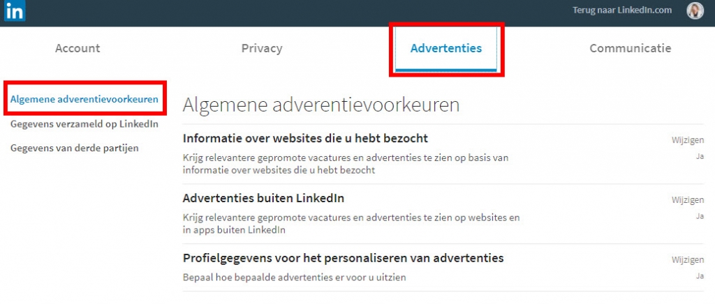 instellingen linkedin